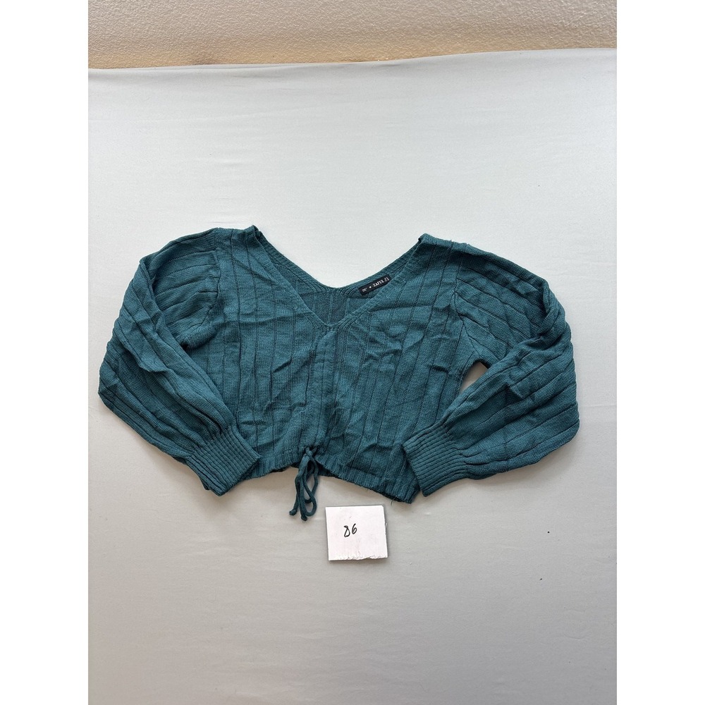 MIZAFUL Womens Teal Ribbed Knit Cropped Sweater Drawstring V-Neck Balloon Sleeve